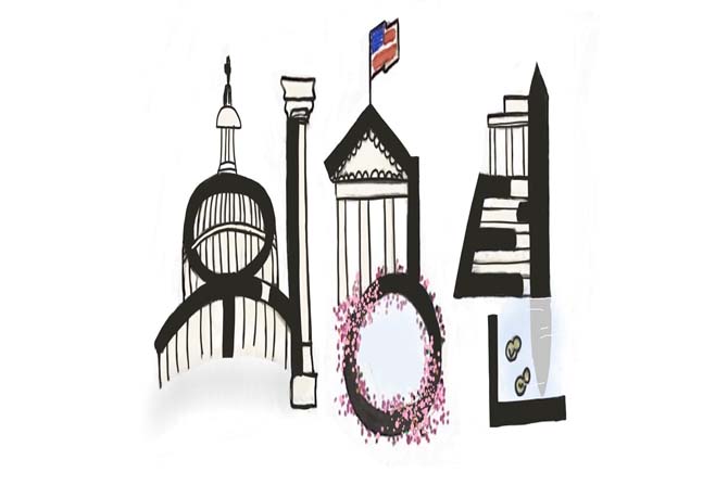 Sophomore Tappy Lung’s winning design showing black outlines of DC landmarks and cherry blossoms